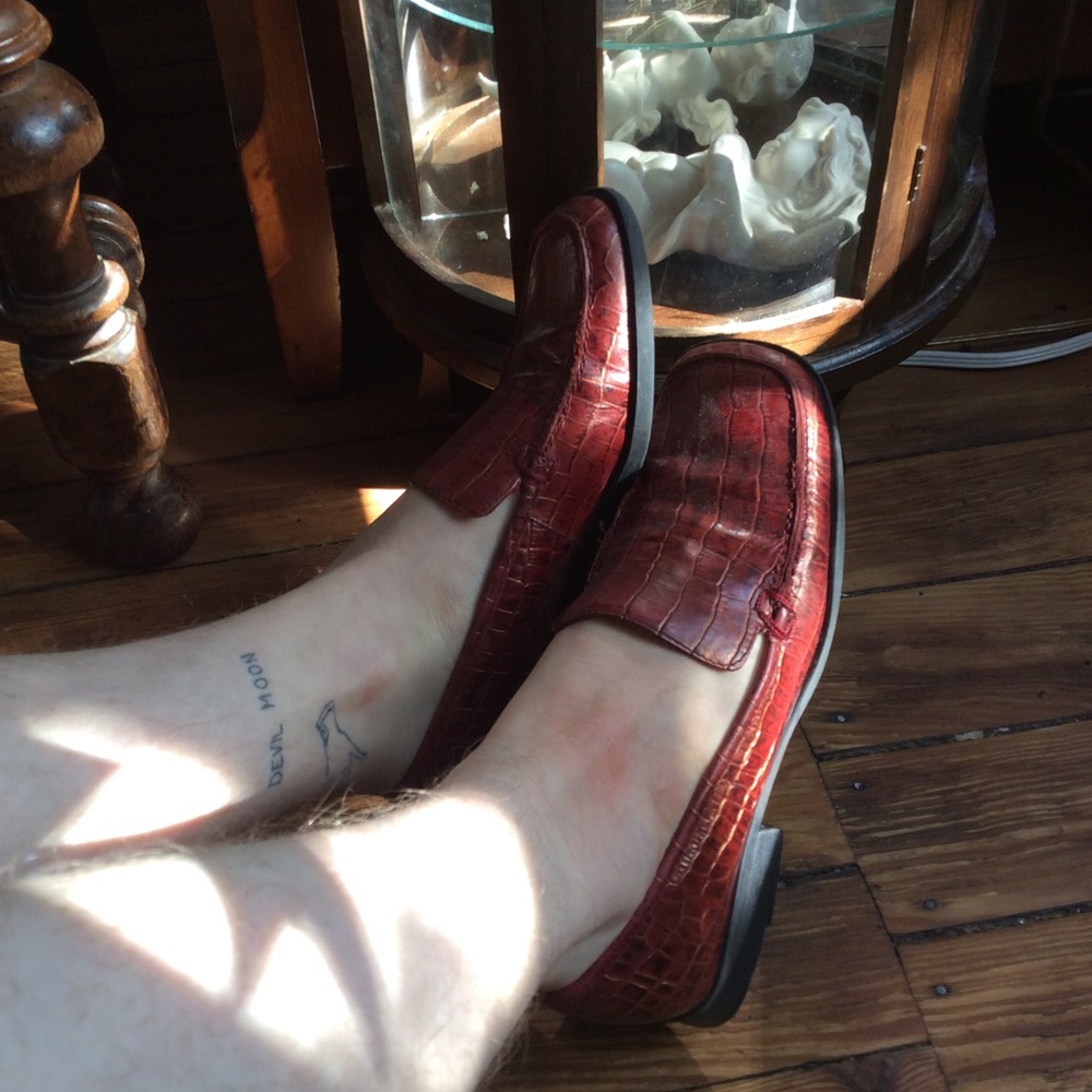 Dark red faux crocodile skin block heel loafers